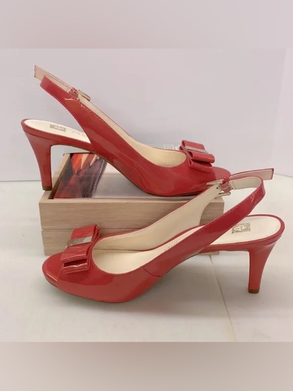 Anne Klein Red Slingback Peep-Toe Heels with Bow EUC